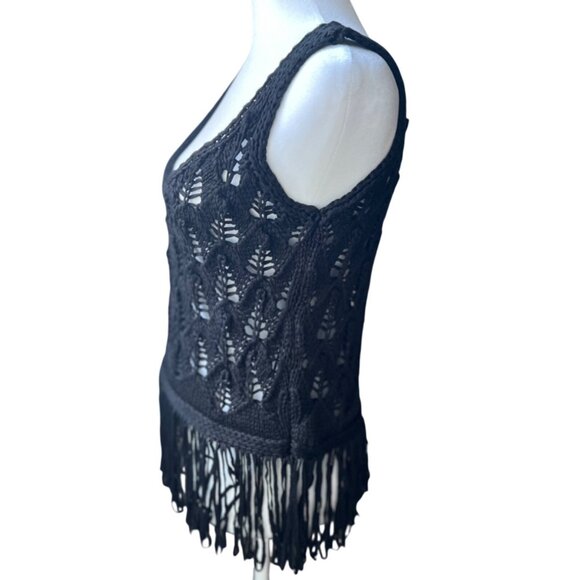 Zara Black Boho Open Weave Knit Crochet Fringe Tank Top Small - Picture 5 of 16
